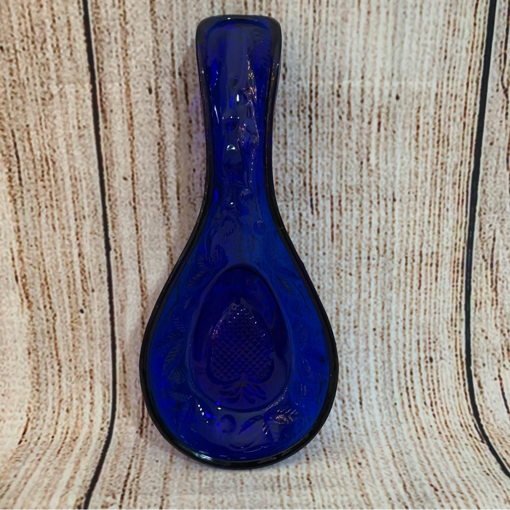 Vintage Miles Kimball Cobalt Blue Glass Spoon Rest Strawberry Design Gorgeous